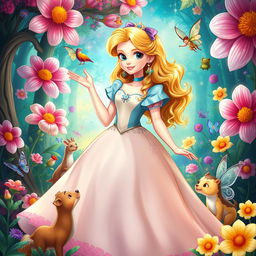 A whimsical representation of Princess Alice, a fairytale character, surrounded by enchanting elements inspired by a magical world