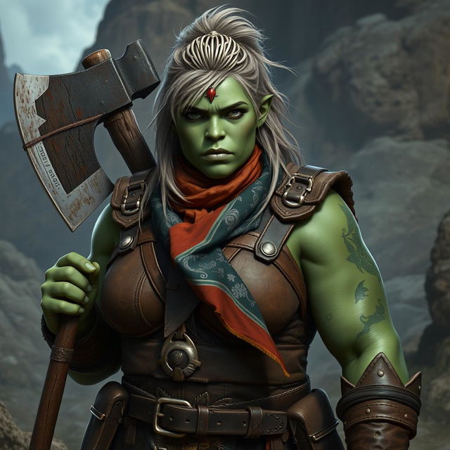 A photorealistic image of a very bulky female half-orc barbarian, characterized by her pale green, almost black skin