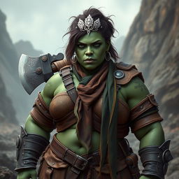 A photorealistic image of a very bulky female half-orc barbarian, characterized by her pale green, almost black skin