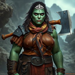 A photorealistic image of a very bulky female half-orc barbarian, characterized by her pale green, almost black skin