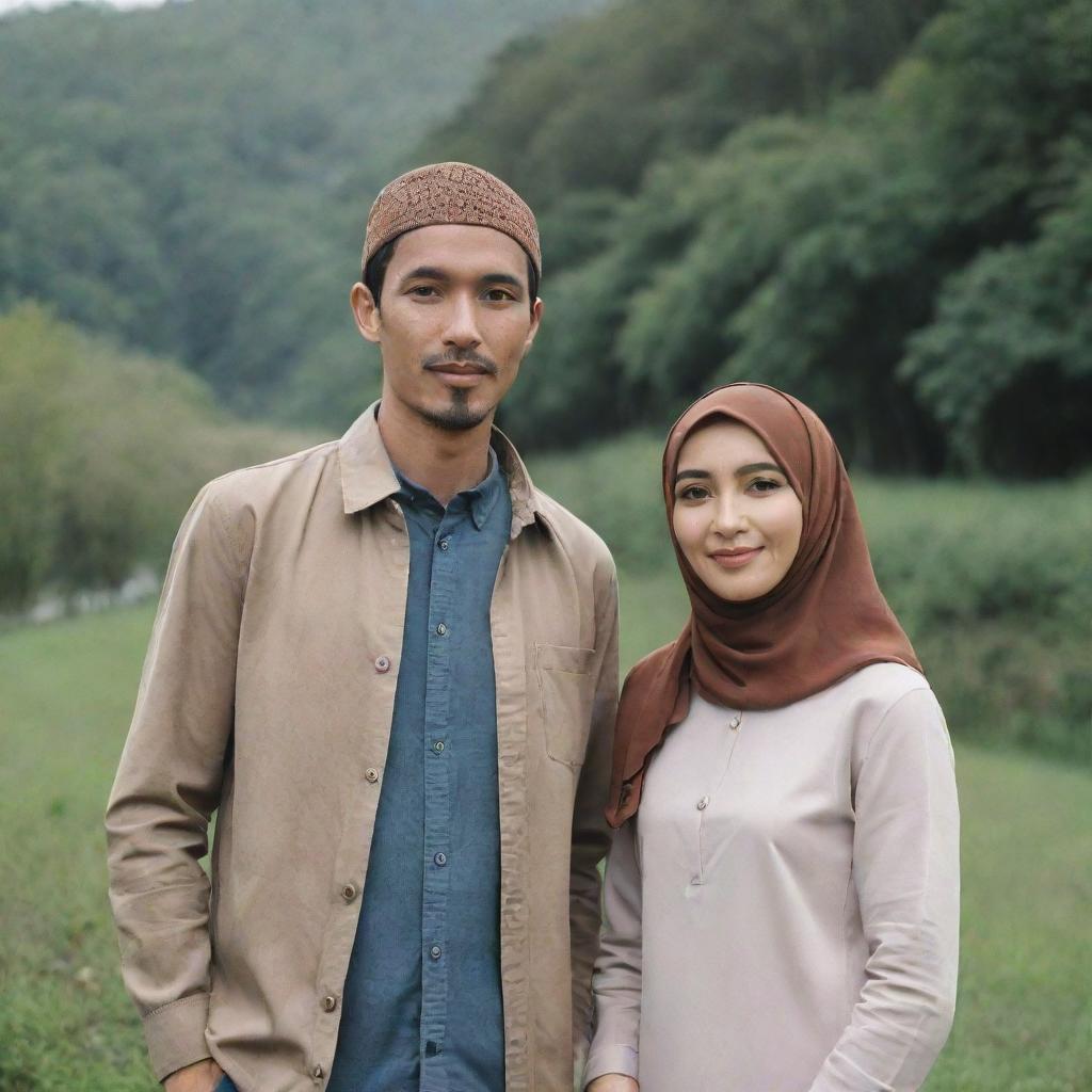 A slim Indonesian man of 35 years old standing side by side with a beautiful woman in a hijab, both dressed in casual couple's attire, against a nature-inspired backdrop.