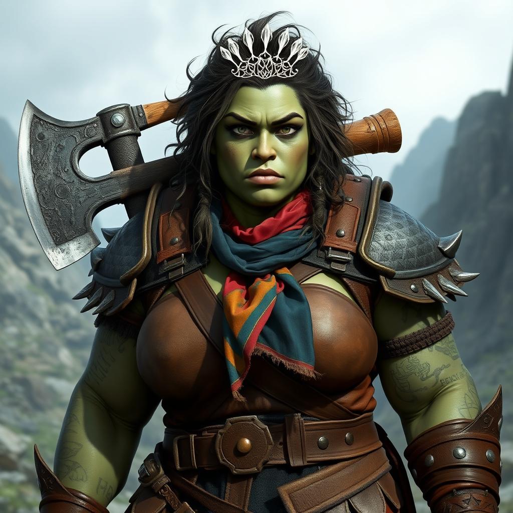 A photorealistic image of a very bulky female half-orc barbarian, characterized by her pale green, almost black skin