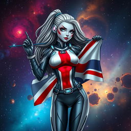 A futuristic space girl confidently holding the Union Jack flag of England, set against a vibrant cosmic background filled with stars and nebulae