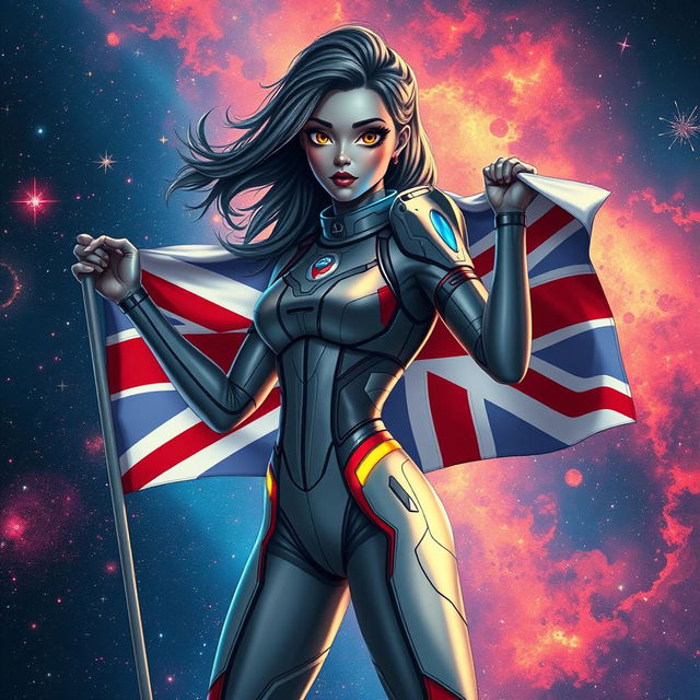 A futuristic space girl confidently holding the Union Jack flag of England, set against a vibrant cosmic background filled with stars and nebulae