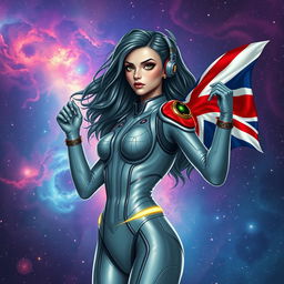 A futuristic space girl confidently holding the Union Jack flag of England, set against a vibrant cosmic background filled with stars and nebulae