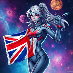 A futuristic space girl confidently holding the Union Jack flag of England, set against a vibrant cosmic background filled with stars and nebulae