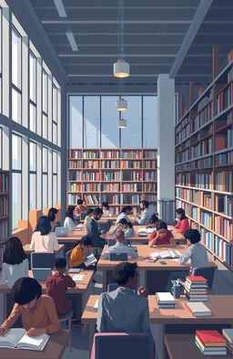 An inspiring and informative scene depicting a library filled with diverse people studying and engaging with books