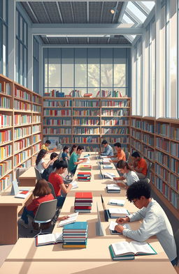 An inspiring and informative scene depicting a library filled with diverse people studying and engaging with books