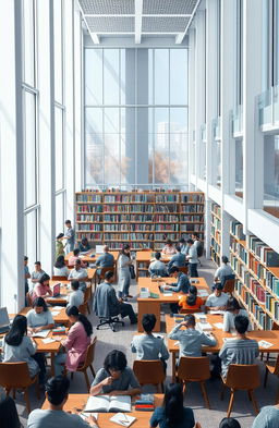 An inspiring and informative scene depicting a library filled with diverse people studying and engaging with books