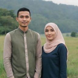 A slim Indonesian man of 35 years old standing side by side with a beautiful woman in a hijab, both dressed in casual couple's attire, against a nature-inspired backdrop.