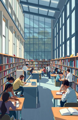 An inspiring and informative scene depicting a library filled with diverse people studying and engaging with books