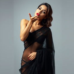 A sexy woman wearing a black transparent saree that elegantly drapes over her body, showcasing her curves