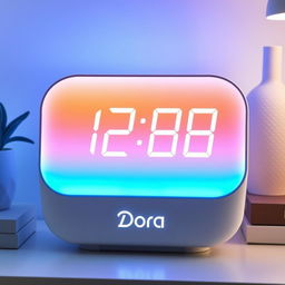 A modern and futuristic digital clock branded 'Dora'