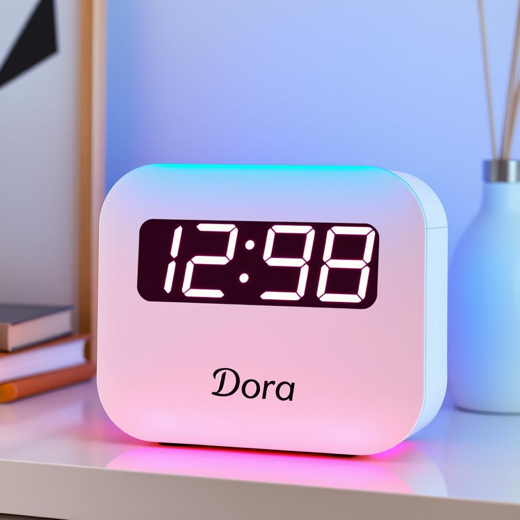 A modern and futuristic digital clock branded 'Dora'