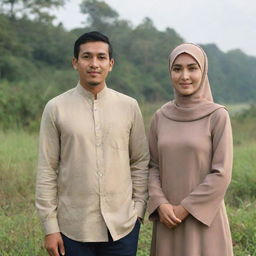 A slim Indonesian man of 35 years old standing side by side with a beautiful woman in a hijab, both dressed in casual couple's attire, against a nature-inspired backdrop.