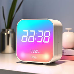 A modern and futuristic digital clock branded 'Dora'