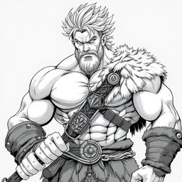 A detailed anime style greyscale illustration of a muscular male barbarian, featuring only the shoulders up