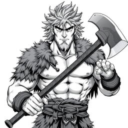 A detailed anime style greyscale illustration of a muscular male barbarian, featuring only the shoulders up