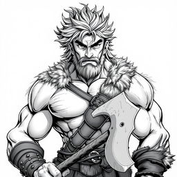 A detailed anime style greyscale illustration of a muscular male barbarian, featuring only the shoulders up