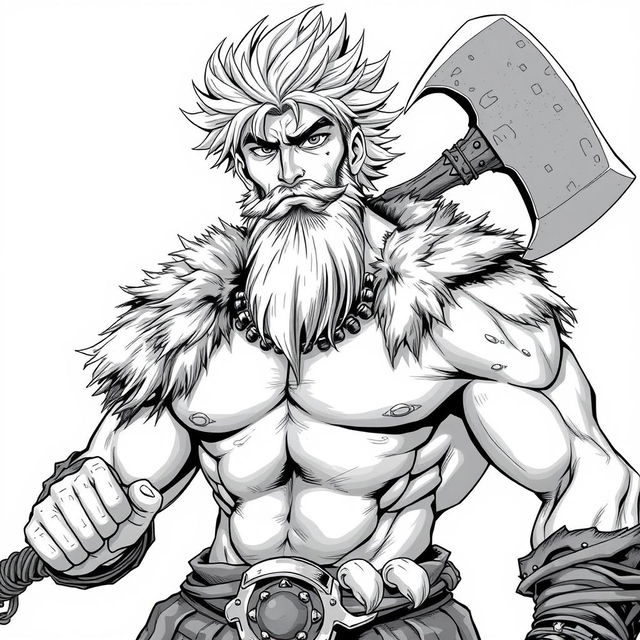 A detailed anime style greyscale illustration of a muscular male barbarian, featuring only the shoulders up