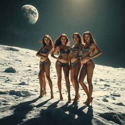 A surreal depiction of beautiful, confident women on the moon, embracing the otherworldly landscape with a serene and dreamlike atmosphere