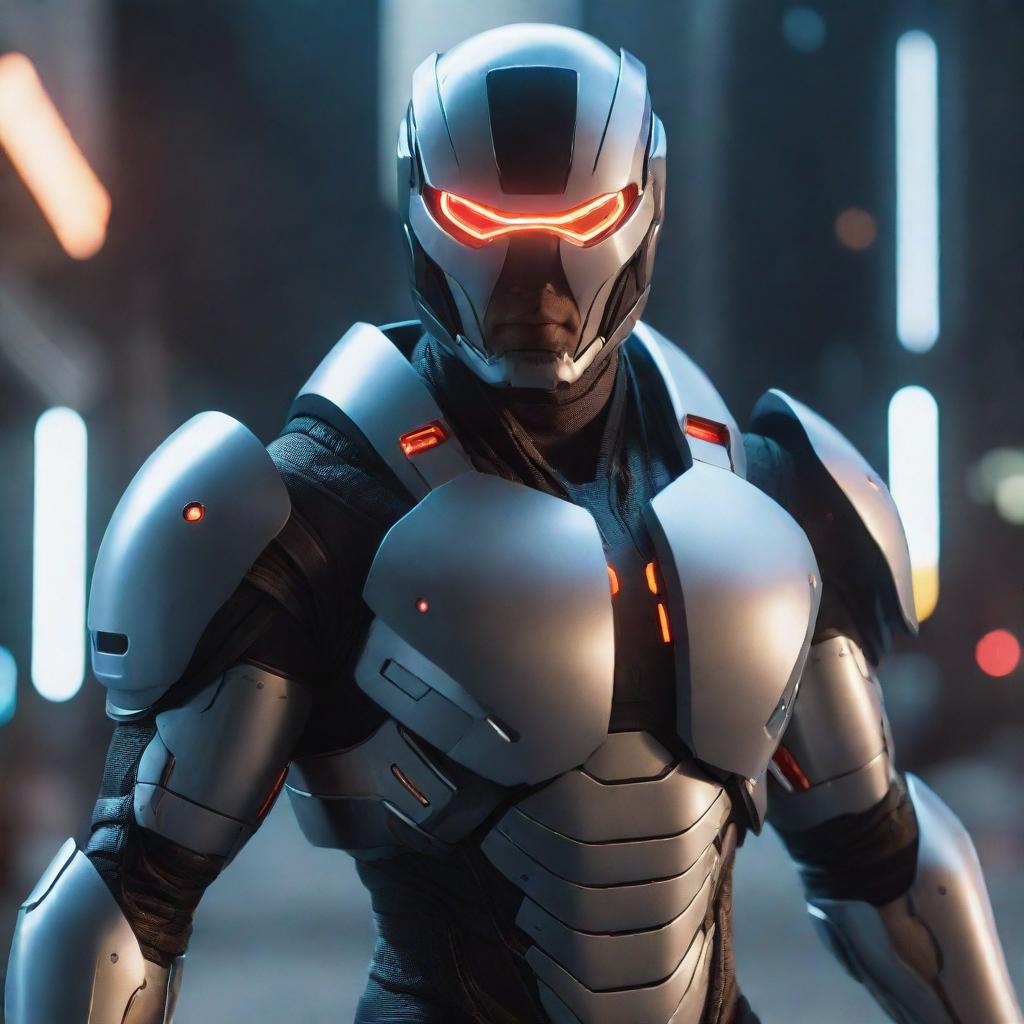 An advanced, futuristically styled hero equipped with cutting edge tech gadgets and armor. They exude an air of intelligence, their gear glowing with sleek, high-tech light effects.