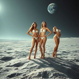 A surreal depiction of beautiful, confident women on the moon, embracing the otherworldly landscape with a serene and dreamlike atmosphere