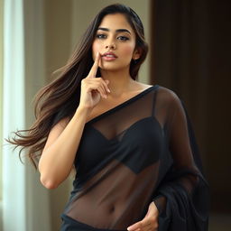 A beautiful woman wearing a black transparent saree, artfully draped, showcasing her curves and navel