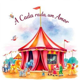 A captivating watercolor illustration of a circus scene for a book cover titled 'A Cada Parada, Um Amor'