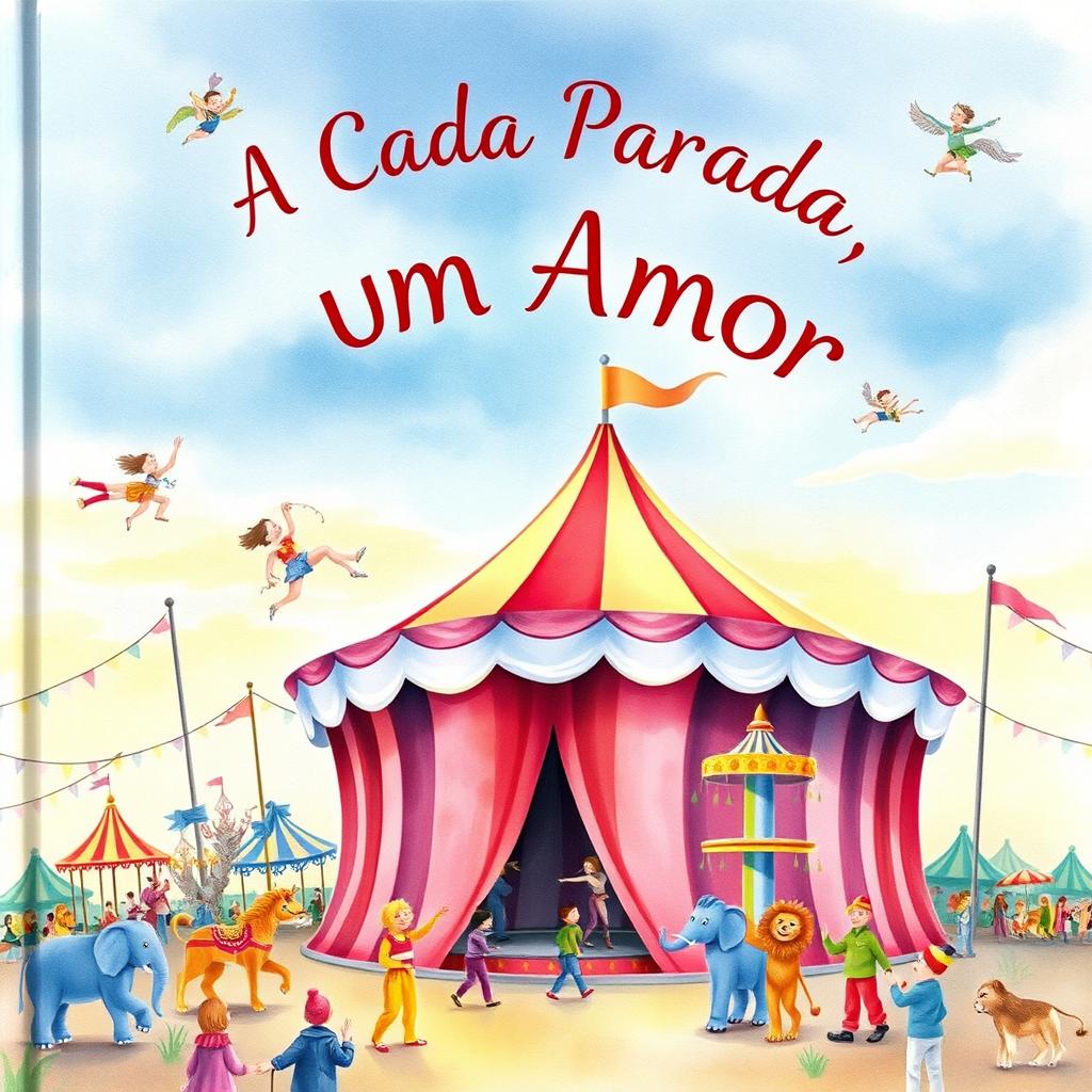 A captivating watercolor illustration of a circus scene for a book cover titled 'A Cada Parada, Um Amor'