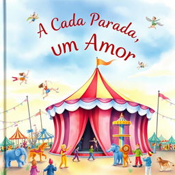 A captivating watercolor illustration of a circus scene for a book cover titled 'A Cada Parada, Um Amor'