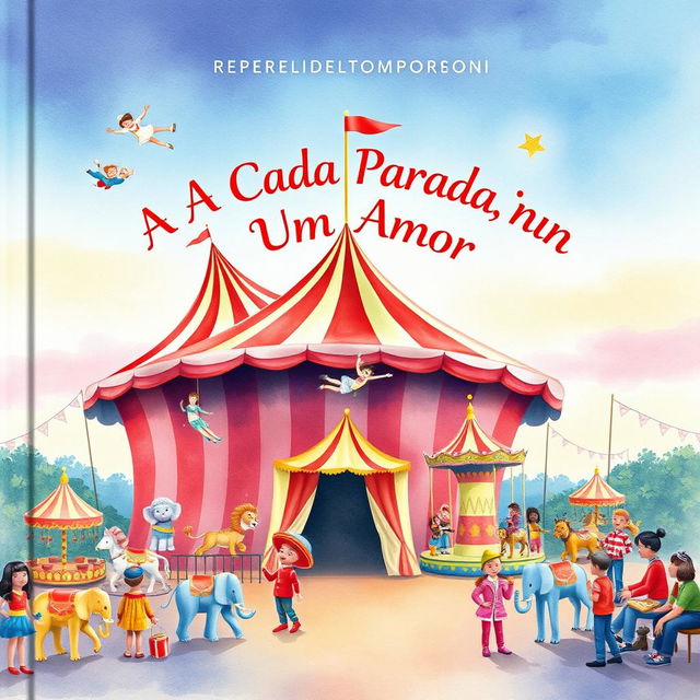 A captivating watercolor illustration of a circus scene for a book cover titled 'A Cada Parada, Um Amor'