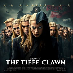 A movie poster illustrating the intense opposition between two clans: one clan consists solely of individuals with striking blonde hair and vivid green eyes, standing confidently with an air of defiance