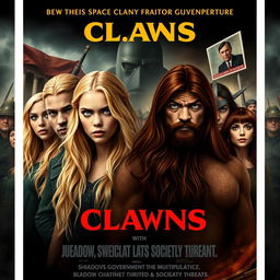A movie poster illustrating the intense opposition between two clans: one clan consists solely of individuals with striking blonde hair and vivid green eyes, standing confidently with an air of defiance