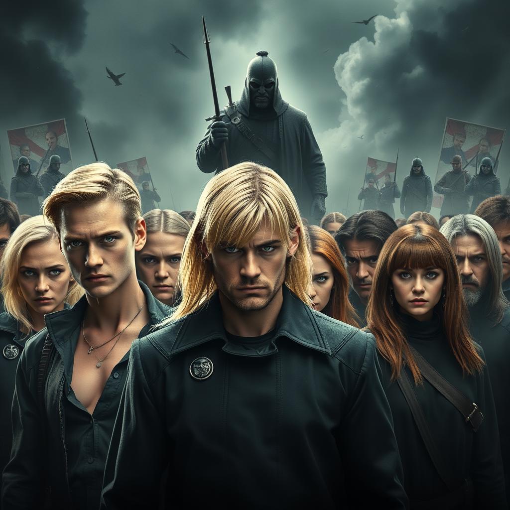 A movie poster illustrating the intense opposition between two clans: one clan consists solely of individuals with striking blonde hair and vivid green eyes, standing confidently with an air of defiance