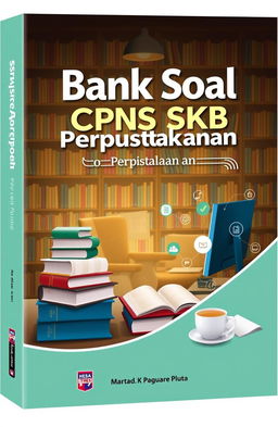 A book cover design featuring the title 'Bank Soal CPNS SKB Perpustakaan' prominently displayed in an engaging and modern font