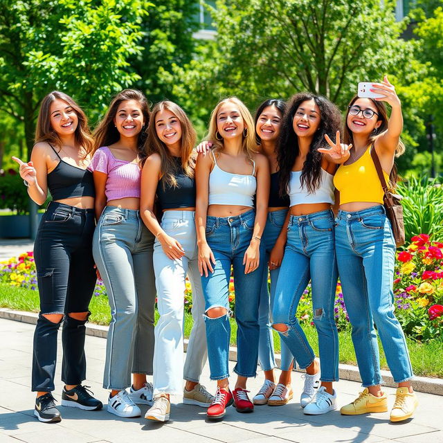 A group of confident and stylish young women aged 17, showcasing vibrant fashion trends, diverse styles, and expressive poses