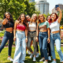 A group of confident and stylish young women aged 17, showcasing vibrant fashion trends, diverse styles, and expressive poses