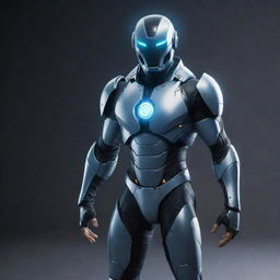 An advanced, futuristically styled hero equipped with cutting edge tech gadgets and armor. They exude an air of intelligence, their gear glowing with sleek, high-tech light effects.