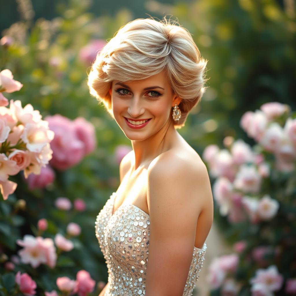 A portrait of Princess Diana, capturing her elegance and grace, with her iconic hairstyle and a stunning evening gown adorned with sequins, standing in a lush garden setting filled with blooming flowers