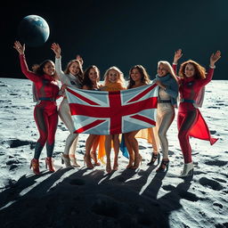 A captivating scene on the moon featuring a diverse group of women joyfully celebrating with a prominent symbol of England, such as the Union Jack flag