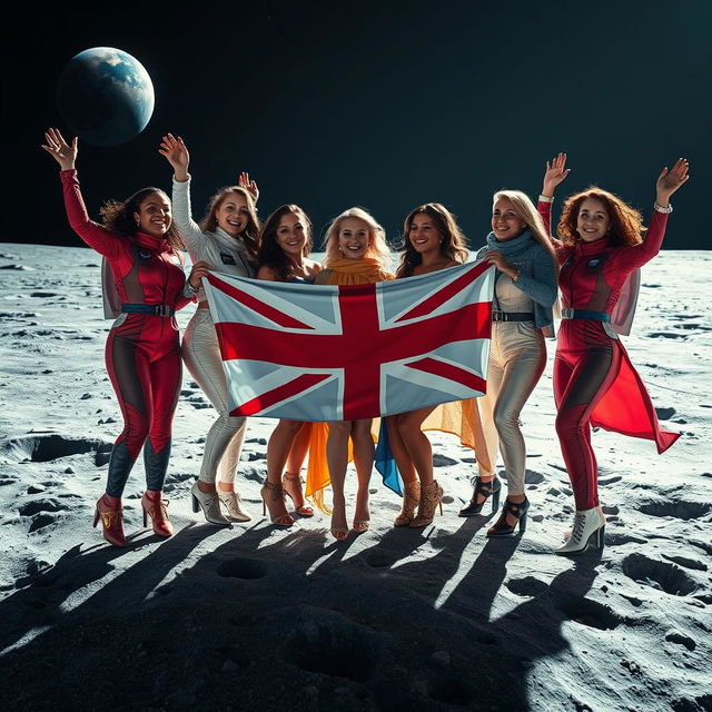 A captivating scene on the moon featuring a diverse group of women joyfully celebrating with a prominent symbol of England, such as the Union Jack flag