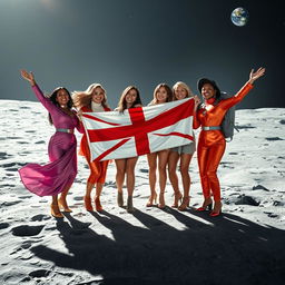 A captivating scene on the moon featuring a diverse group of women joyfully celebrating with a prominent symbol of England, such as the Union Jack flag