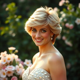 A portrait of Princess Diana, capturing her elegance and grace, with her iconic hairstyle and a stunning evening gown adorned with sequins, standing in a lush garden setting filled with blooming flowers