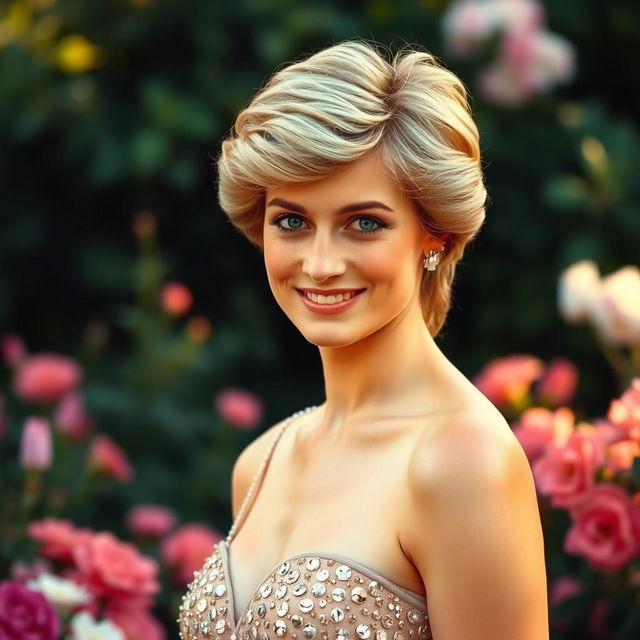 A portrait of Princess Diana, capturing her elegance and grace, with her iconic hairstyle and a stunning evening gown adorned with sequins, standing in a lush garden setting filled with blooming flowers