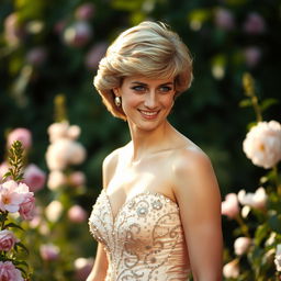 A portrait of Princess Diana, capturing her elegance and grace, with her iconic hairstyle and a stunning evening gown adorned with sequins, standing in a lush garden setting filled with blooming flowers