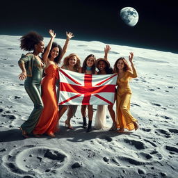 A captivating scene on the moon featuring a diverse group of women joyfully celebrating with a prominent symbol of England, such as the Union Jack flag