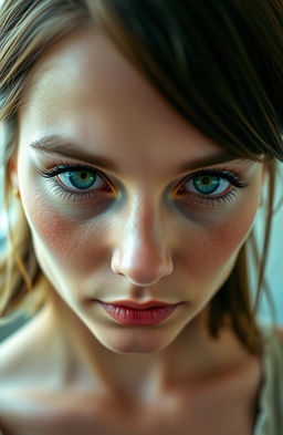 A close-up portrait of a person with striking green eyes, featuring long lashes and an intense gaze