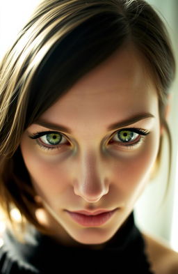 A close-up portrait of a person with striking green eyes, featuring long lashes and an intense gaze