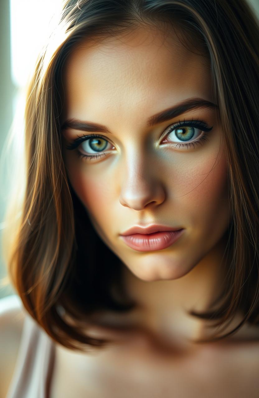 A close-up portrait of a person with striking green eyes, featuring long lashes and an intense gaze